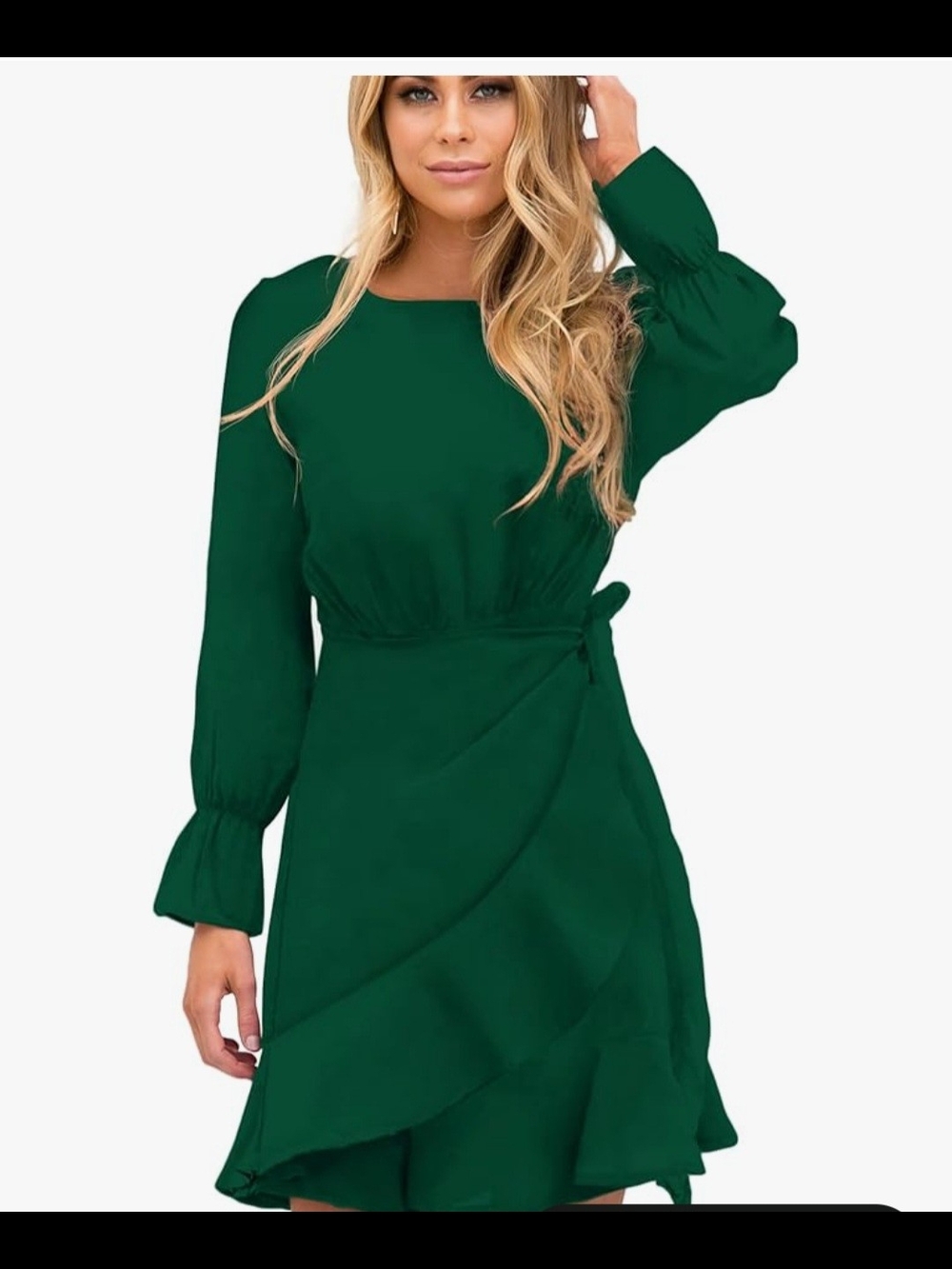 Long Sleeve Forest Green Wrap Ruffle Dress
